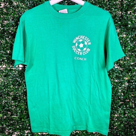 90s Vintage Winchester Soccer Club Coach Green Tee Single Stitch Size L 42-44 - Picture 1 of 5